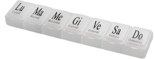 Organizer na leki wykonany z wytrzymałego plastiku, idealny do przechowywania i wygodnego dozowania tabletek w bezpieczny sposób