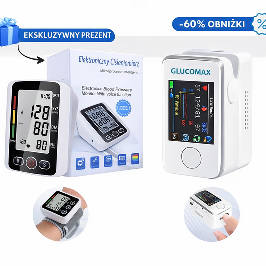 Nieinwazyjny glukometr GlucoMax + cyfrowy ciśnieniomierz (EKSKLUZYWNY PREZENT)